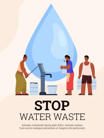 Water waste attention poster, people filling tap water from the pump - flat vector illustration.のイラスト素材