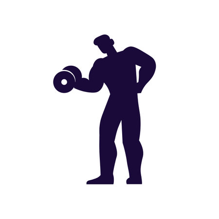 Dark blue silhouette of muscular sportsman with dumbbells flat styleのイラスト素材