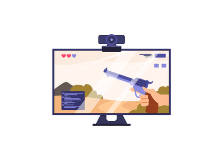 Gaming powerful computer monitor with shooter game, flat vector illustration.のイラスト素材