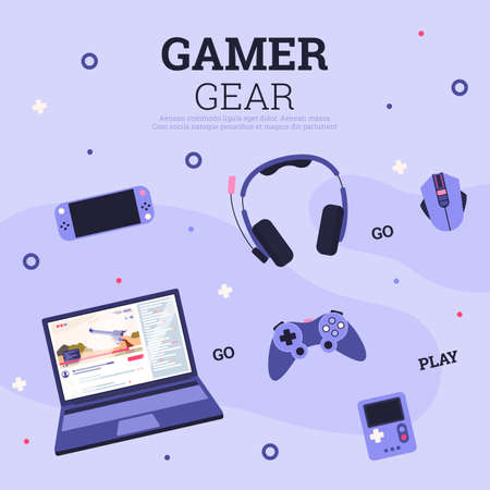 Gamer gear banner with gadgets for computer and VR games, vector illustration.のイラスト素材