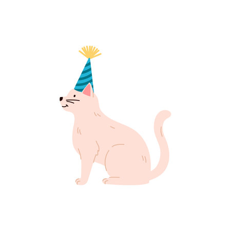 Adorable light cat in party hat flat style, vector illustrationのイラスト素材