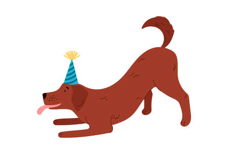 Happy dog wearing cone hat, flat vector illustration isolated on white background.のイラスト素材