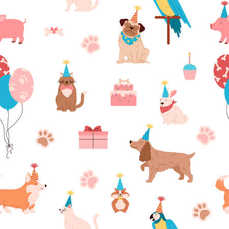 Pets birthday party seamless pattern with cute dogs, cats, hamster and parrot - flat vector illustration.のイラスト素材