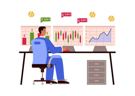 Male trader checking stock exchange graphs on multiple computer screens, flat vector illustration isolated on white.のイラスト素材
