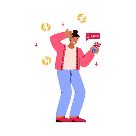 Panic woman trader character watching dollar fall on mobile app flat styleのイラスト素材