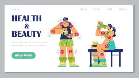 Website banner template with young women drinking and eating sport supplements flat styleのイラスト素材