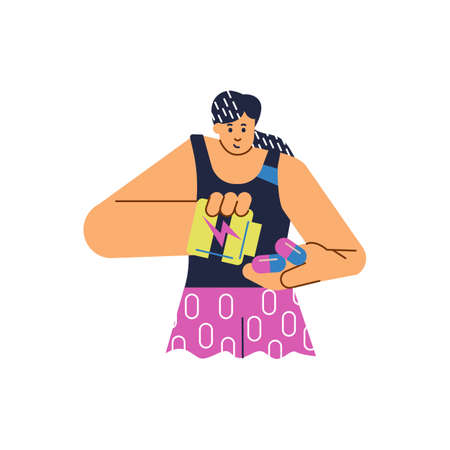 Athletic girl shakes out jar energy capsules flat style, vector illustrationのイラスト素材