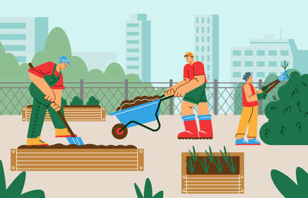 People gardening in public garden or yard flat cartoon vector illustration.のイラスト素材