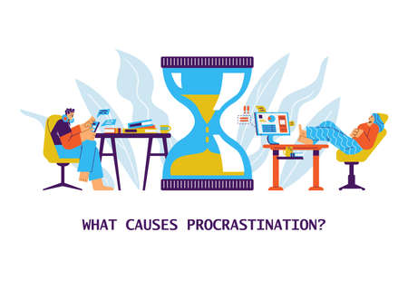 People procrastinate and resting while time in hourglasses is running out, flat vector illustration...