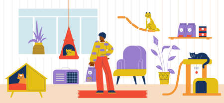 Pet hotel with worker feeding animals, flat cartoon vector illustration.のイラスト素材