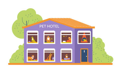 Pet hotel with cute animals in every window, flat vector illustration isolated.のイラスト素材