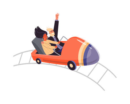 Man and woman riding roller coaster in amusement park, flat vector isolated.のイラスト素材