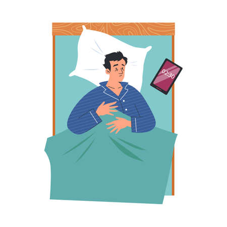 Man lies in bed and suffers from insomnia, flat vector illustration isolated.のイラスト素材