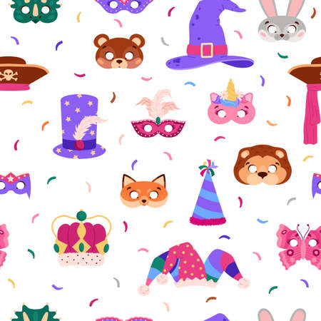 Seamless pattern with carnival masks and party hats flat styleのイラスト素材