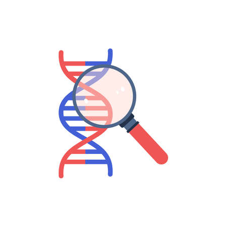 Abstract DNA helix research with magnifying glass, flat vector illustration isolated on white background.のイラスト素材