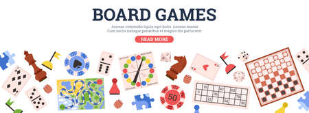 Board games web banner with text, flat vector illustration on white background.のイラスト素材