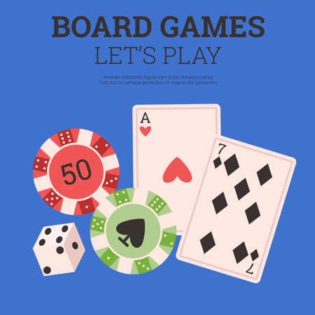 Banner about board games with cards, dice and poker chips flat styleのイラスト素材