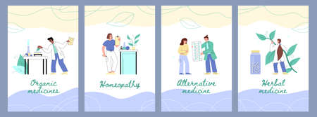 Organic herbal medicine and homeopathy banners, flat vector illustration.のイラスト素材