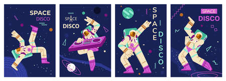 Astronauts dance or play music on DJ mixing console on disco party in flat