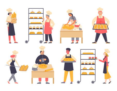 Bakers characters making cakes and bread, flat vector illustration isolated.のイラスト素材