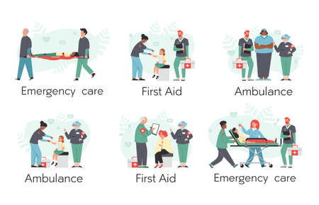 Set of vector flat illustrations about the medical care of paramedics.のイラスト素材