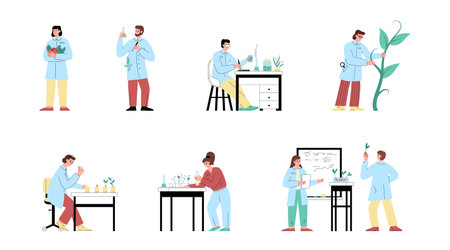 Agronomists scientists study natural resources and plants, flat vector isolated.のイラスト素材