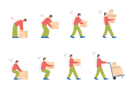 Correct back posture when lifting heavy loads, boxes, set of vector flat illustrations on white background.のイラスト素材