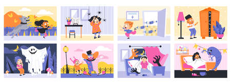Common childhood fears and phobias banners collection, flat vector illustration.のイラスト素材