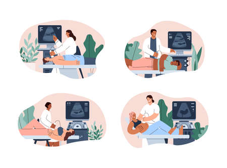 Ultrasound medical checkup and diagnostic set flat vector illustration isolated.のイラスト素材