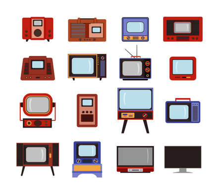 Set of retro TVs and radios, vector flat illustration on a white background.のイラスト素材