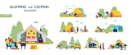 Glamping and camping collection with people relaxing in nature, flat vector illustration isolated on white background.のイラスト素材
