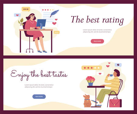 Food critic web banners set, flat vector illustration.のイラスト素材