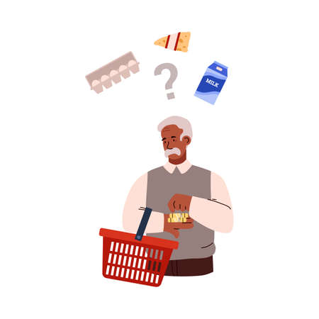 Elderly man with red shopping basket counting coins in hand flat styleのイラスト素材