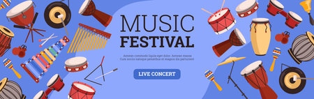 Music festival horizontal web banner, flat vector illustration.のイラスト素材