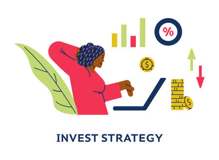 Woman developing invest strategy for her stock market portfolio, flat vector illustration isolated on white background.のイラスト素材