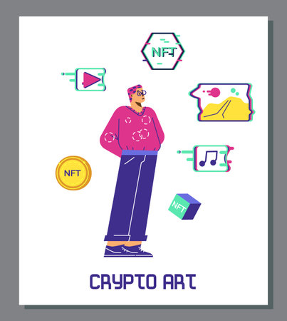 Poster or vertical banner about crypto art flat style, vector illustrationのイラスト素材