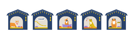 Pets hotel kennels filled with dogs and cats, flat vector illustration isolated.のイラスト素材