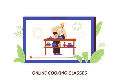 Online cooking classes concept, video of professional chef cooking - flat vector illustration on white background.のイラスト素材