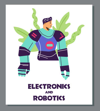 Electronics and robotics banner concept with cyborg, flat vector illustration.のイラスト素材
