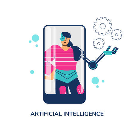 Female cyborg and concept of artificial intelligence - flat vector illustration isolated on white background.のイラスト素材