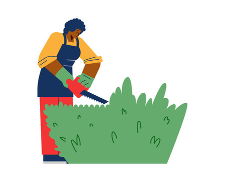 Woman trimming bush or hedge with saw, flat vector illustration isolated on white background.のイラスト素材