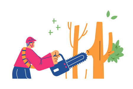 Tree trimming or garden arborist service flat vector illustration isolated.のイラスト素材