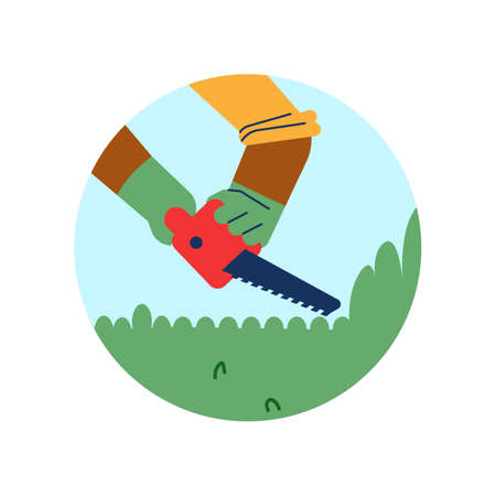 Gardener trimming bush or hedge with saw, round icon flat vector illustration.のイラスト素材