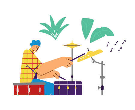 Man playing drums with sticks, flat vector illustration isolated on white background.のイラスト素材