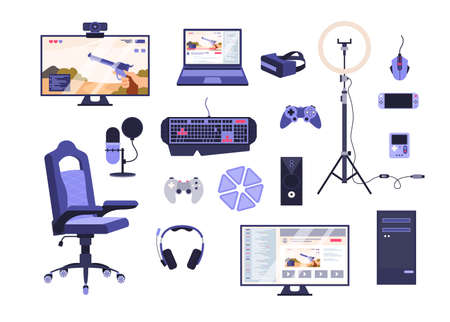Set of gamer equipment flat style, vector illustrationの写真素材