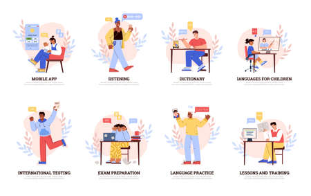 Languages learning icons, people studying online, preparing for exams - flat vector illustration on white.のイラスト素材