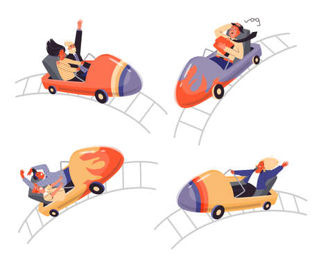 Set of people riding on roller coaster with different emotions flat styleのイラスト素材