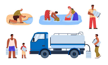 Water scarcity, people drinking water from paddle - flat vector illustration isolated on white background.のイラスト素材