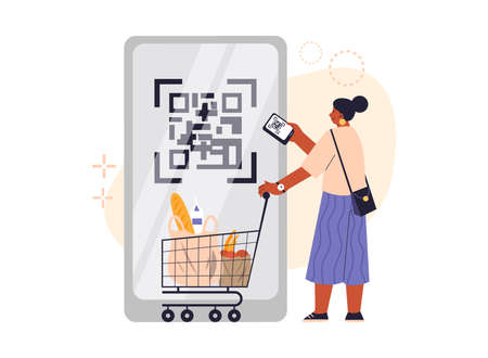 Woman with shopping cart scanning QR code for payment or information, flat vector illustration isolated on white.のイラスト素材