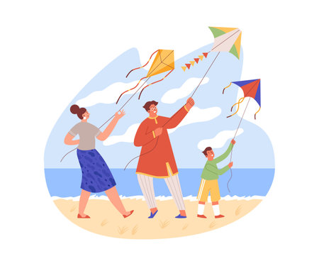 Banner with family playing kites on seacoast, flat vector illustration isolated.のイラスト素材